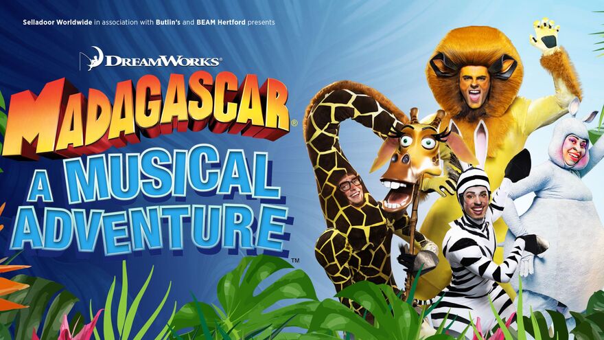 Madagascar: A Musical Adventure event banner with cast in animal costumes