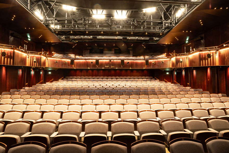 Auditorium with blue seats and brown walls