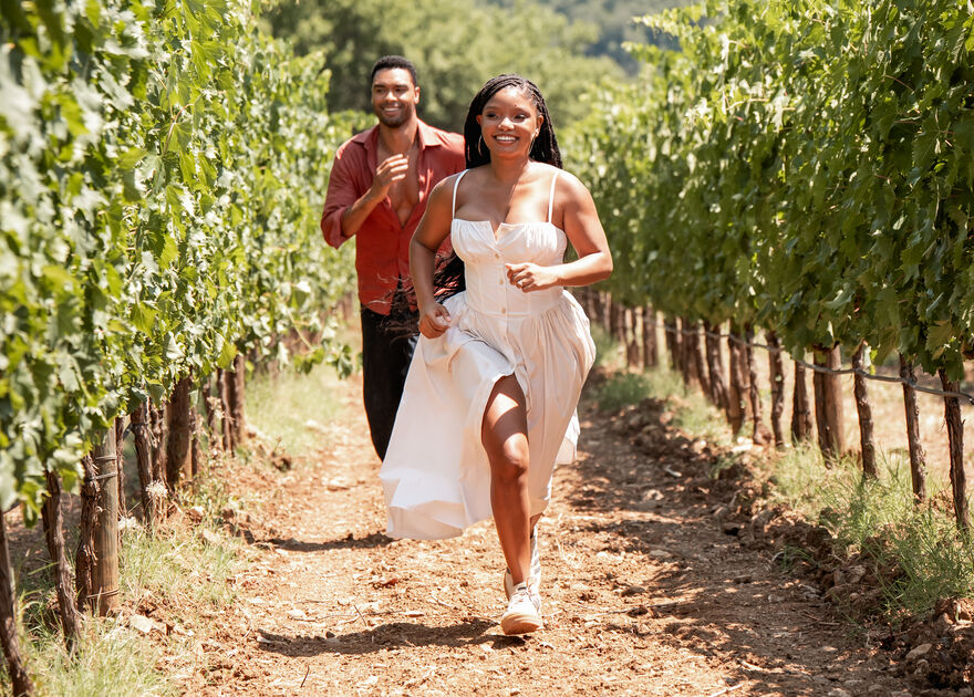 The two main characters chasing each other through a vineyard