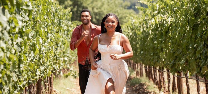The two main characters chasing each other through a vineyard