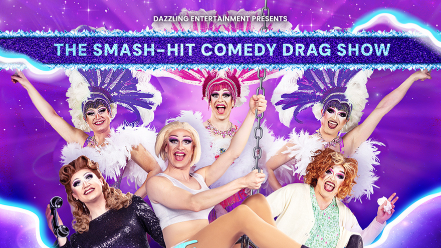 six drag queens posing with various props