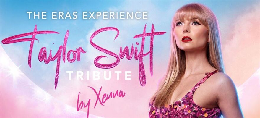 A female performer with blonde hair portraying Taylor Swift
