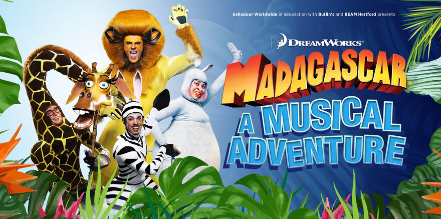 Madagascar title with four characters from the show including giraffe, lion, hippo and zebra