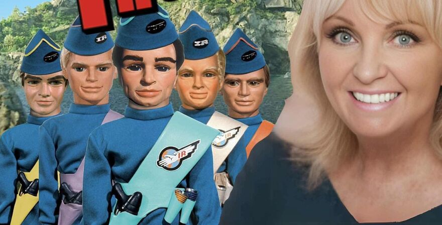 A headshot of Dee Anderson overlayed with an image of the puppets from the Thunderbirds TV show
